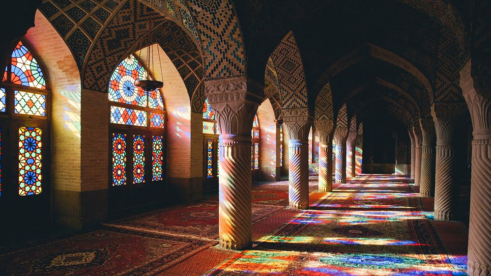  A photo of the stained glass windows and interior of Nasirolmolk Mosque in Shiraz, Iran. (Local Guide O.I.B. de Rijcke)